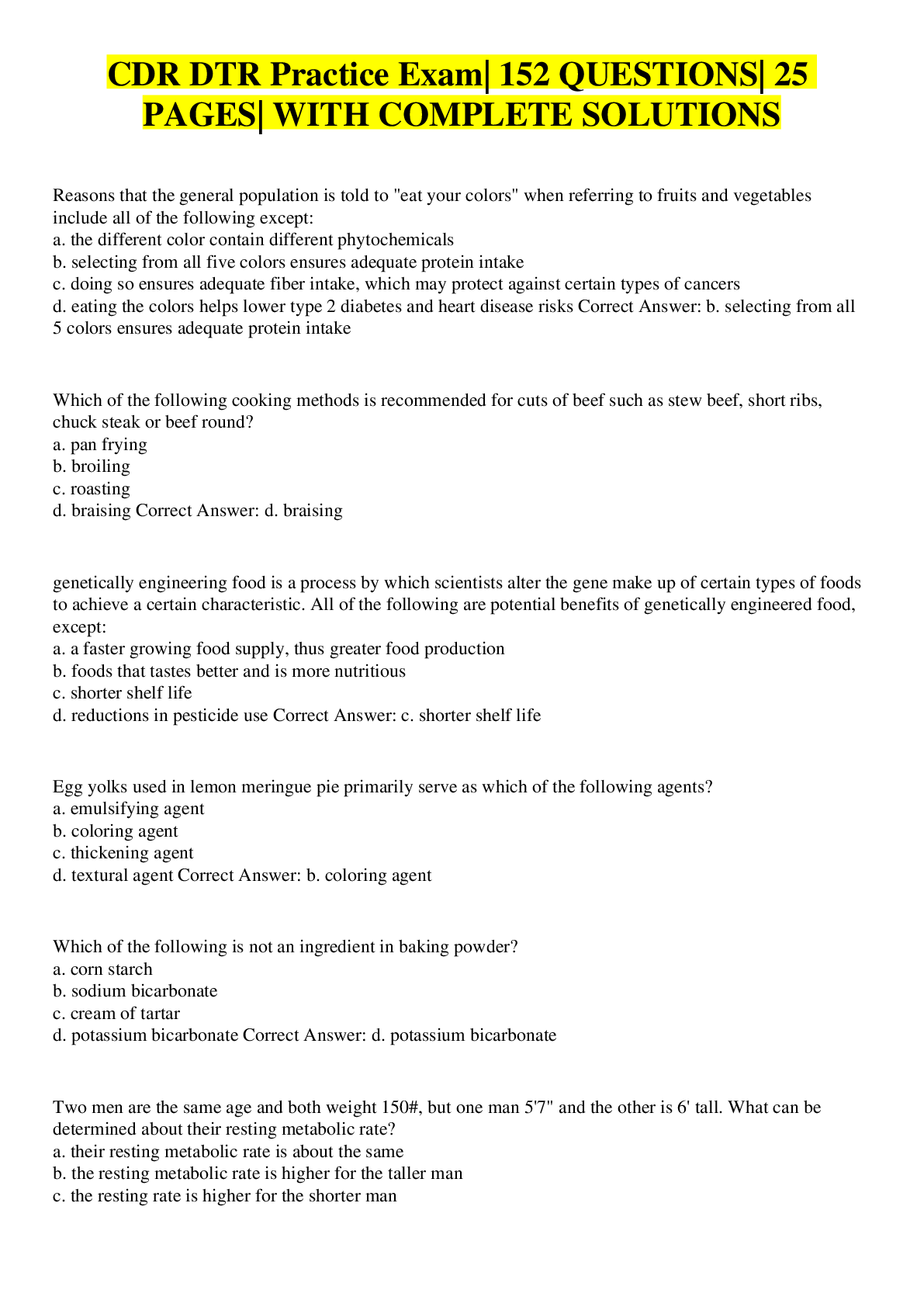 CDR DTR Practice Exam 152 QUESTIONS 25 PAGES WITH COMPLETE SOLUTIONS